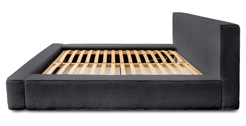 Lit coffre DENALI – Anthracite profond bouclé – 160x200 cm – Tissu velours doux – Sommier relevable – Rangement intégré