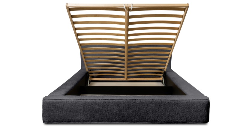 Lit coffre DENALI – Anthracite profond bouclé – 160x200 cm – Tissu velours doux – Sommier relevable – Rangement intégré