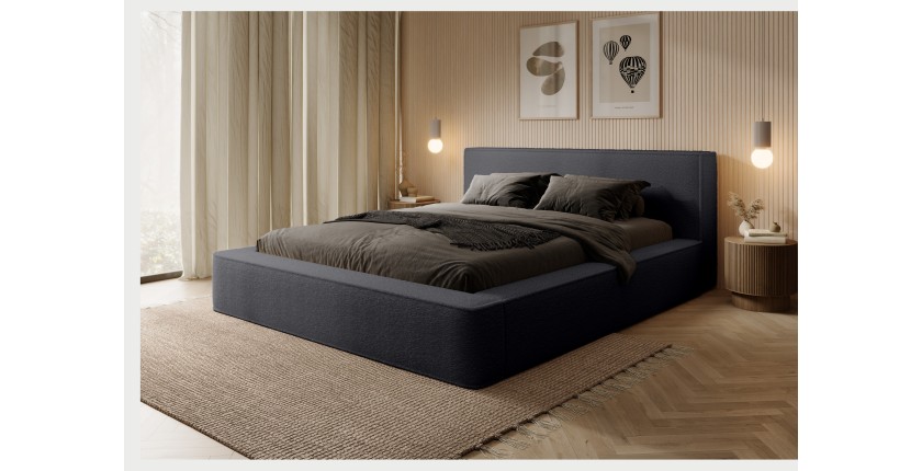 Lit coffre DENALI – Anthracite profond bouclé – 140x200 cm – Tissu velours doux – Sommier relevable – Rangement intégré