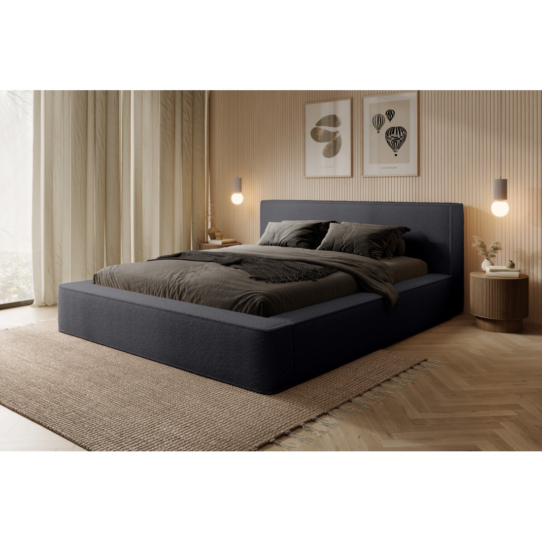 Lit coffre DENALI – Anthracite profond bouclé – 140x200 cm – Tissu velours doux – Sommier relevable – Rangement intégré