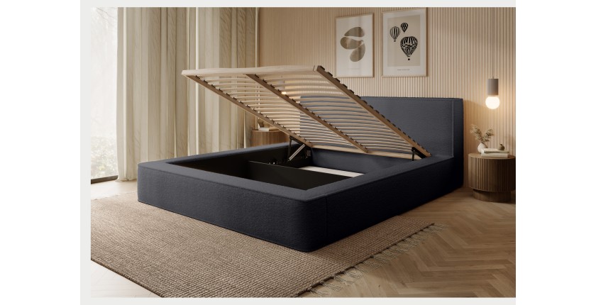 Lit coffre DENALI – Anthracite profond bouclé – 140x200 cm – Tissu velours doux – Sommier relevable – Rangement intégré