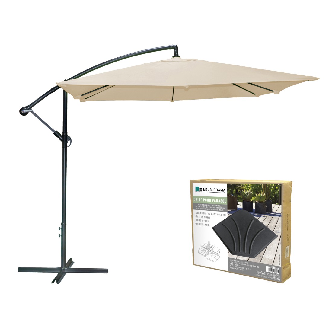 Pack ombrellone decentrato beige + lastra in cemento – Eleganza, grande ombra e stabilità garantita