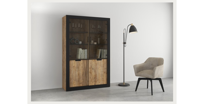 Vitrine design collection MEUNIER coloris Chêne samdal et noir mat – 4 portes