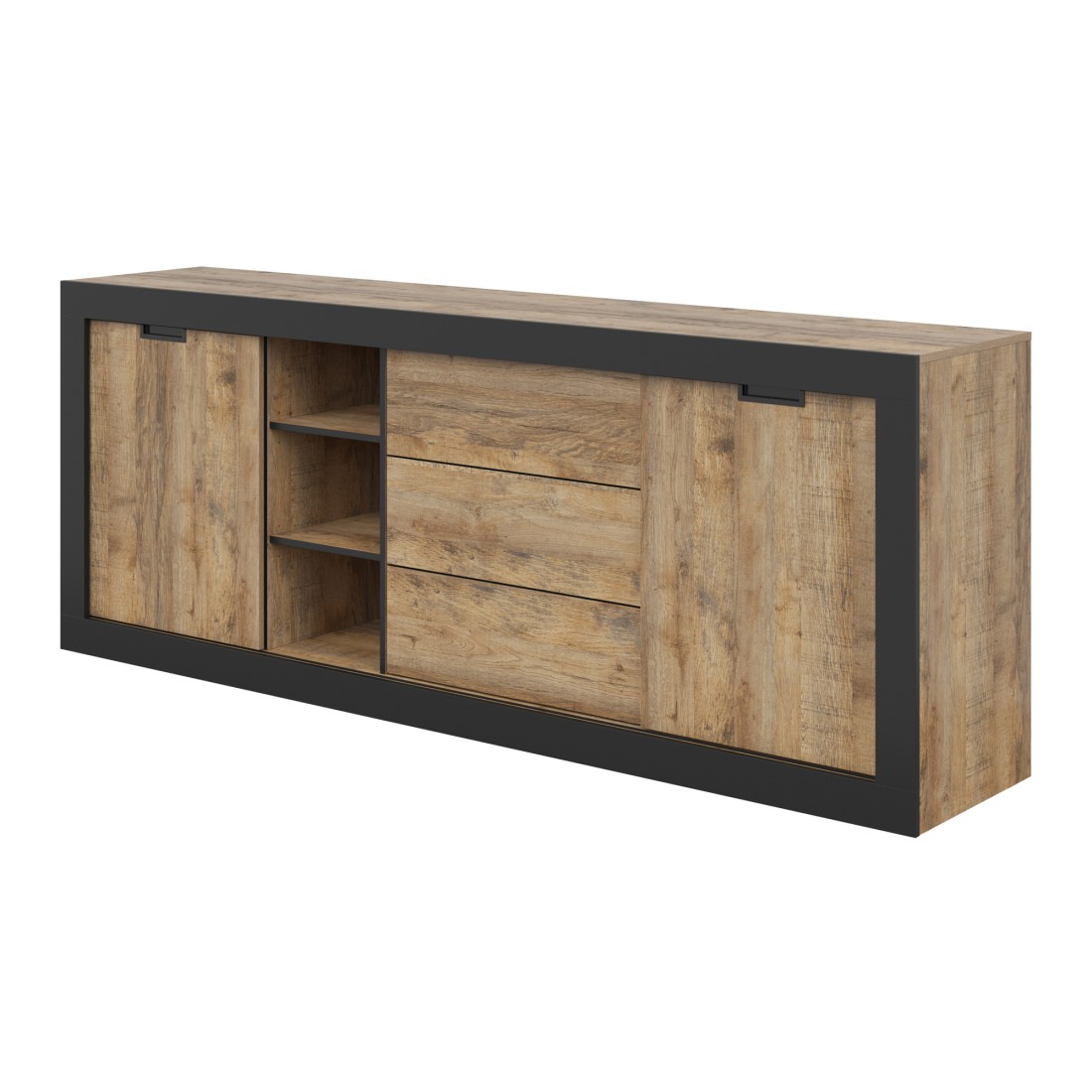 Buffet MEUNIER – 2 portes coulissantes & 3 tiroirs – Chêne Samdal & Noir Mat – 220×85×45 cm