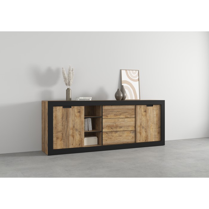 Buffet MEUNIER – 2 porte scorrevoli & 3 cassetti – Rovere Samdal & nero opaco – 220×85×45 cm