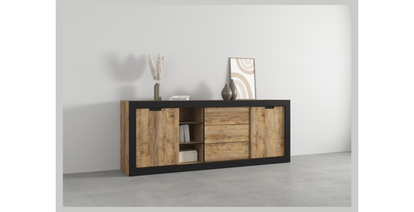 Buffet MEUNIER – 2 portes coulissantes & 3 tiroirs – Chêne Samdal & Noir Mat – 220×85×45 cm