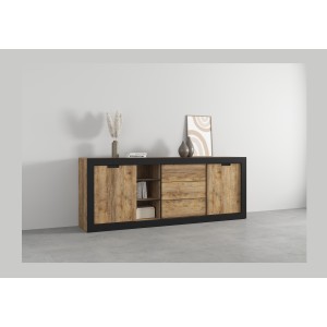 Buffet MEUNIER – 2 portes coulissantes & 3 tiroirs – Chêne Samdal & Noir Mat – 220×85×45 cm