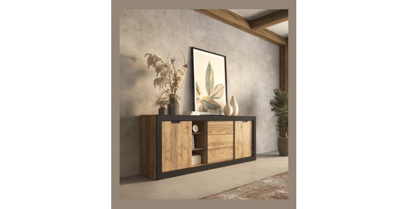 Buffet MEUNIER – 2 portes coulissantes & 3 tiroirs – Chêne Samdal & Noir Mat – 220×85×45 cm