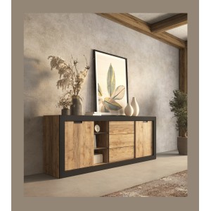 Buffet MEUNIER – 2 portes coulissantes & 3 tiroirs – Chêne Samdal & Noir Mat – 220×85×45 cm