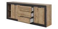 Buffet MEUNIER – 2 portes coulissantes & 3 tiroirs – Chêne Samdal & Noir Mat – 220×85×45 cm
