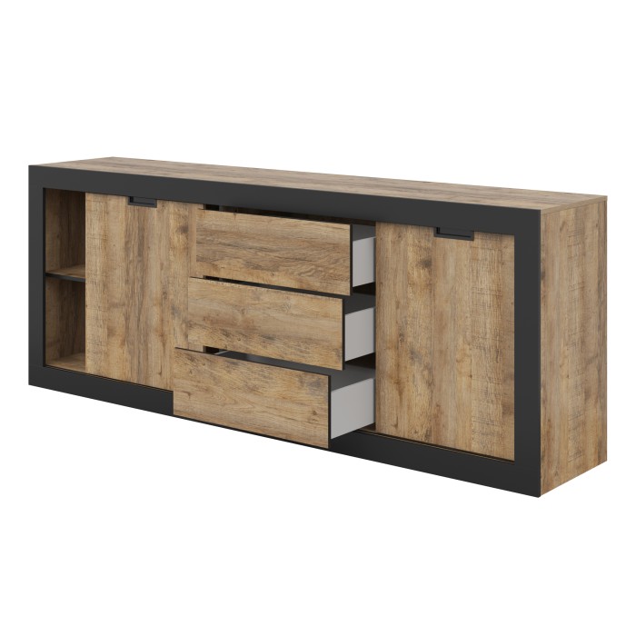 Buffet MEUNIER – 2 porte scorrevoli & 3 cassetti – Rovere Samdal & nero opaco – 220×85×45 cm