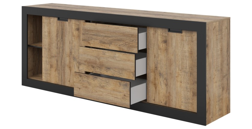 Buffet MEUNIER – 2 portes coulissantes & 3 tiroirs – Chêne Samdal & Noir Mat – 220×85×45 cm