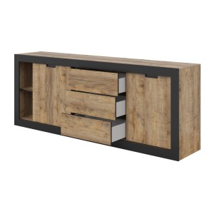 Buffet MEUNIER – 2 portes coulissantes & 3 tiroirs – Chêne Samdal & Noir Mat – 220×85×45 cm