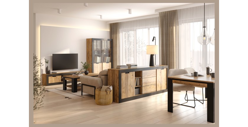 Buffet MEUNIER – 2 portes coulissantes & 3 tiroirs – Chêne Samdal & Noir Mat – 220×85×45 cm