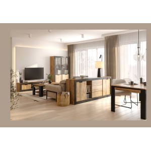Buffet MEUNIER – 2 portes coulissantes & 3 tiroirs – Chêne Samdal & Noir Mat – 220×85×45 cm