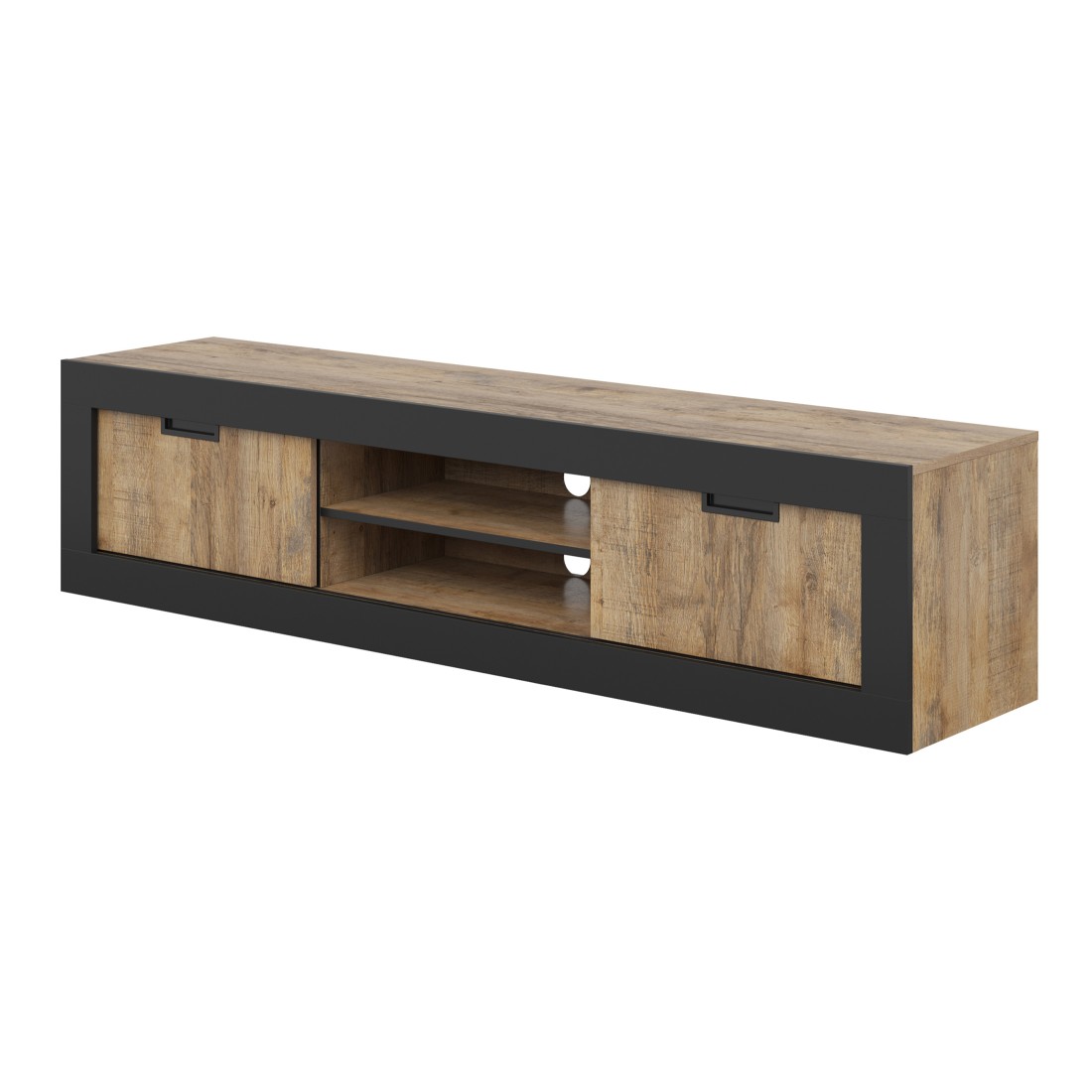 Meuble TV MEUNIER – 2 portes & 5 niches – Chêne Samdal & Noir Mat – 180×42×40 cm