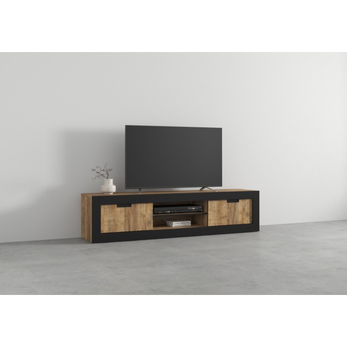 Meubel TV MEUNIER – 2 deuren & 5 vakken – Eiken Samdal & mat zwart – 180×42×40 cm