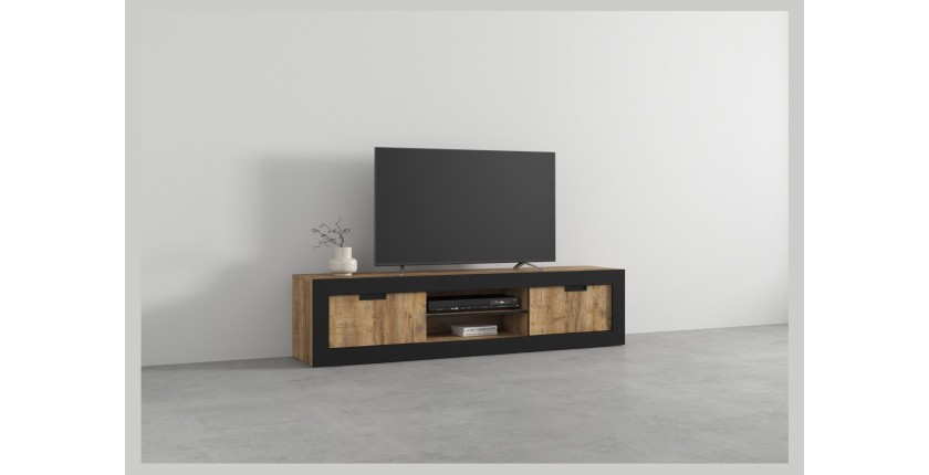 Meuble TV MEUNIER – 2 portes & 5 niches – Chêne Samdal & Noir Mat – 180×42×40 cm