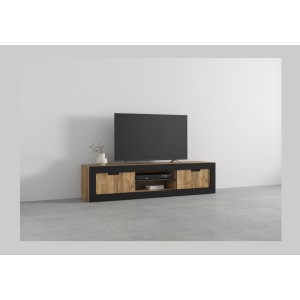 Meuble TV MEUNIER – 2 portes & 5 niches – Chêne Samdal & Noir Mat – 180×42×40 cm
