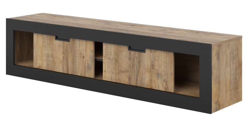 Meuble TV MEUNIER – 2 portes & 5 niches – Chêne Samdal & Noir Mat – 180×42×40 cm