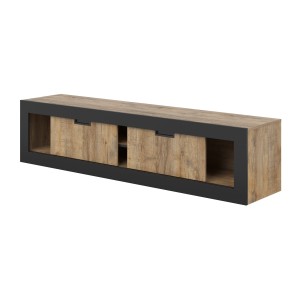 Meuble TV MEUNIER – 2 portes & 5 niches – Chêne Samdal & Noir Mat – 180×42×40 cm