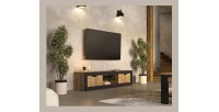 Meuble TV MEUNIER – 2 portes & 5 niches – Chêne Samdal & Noir Mat – 180×42×40 cm