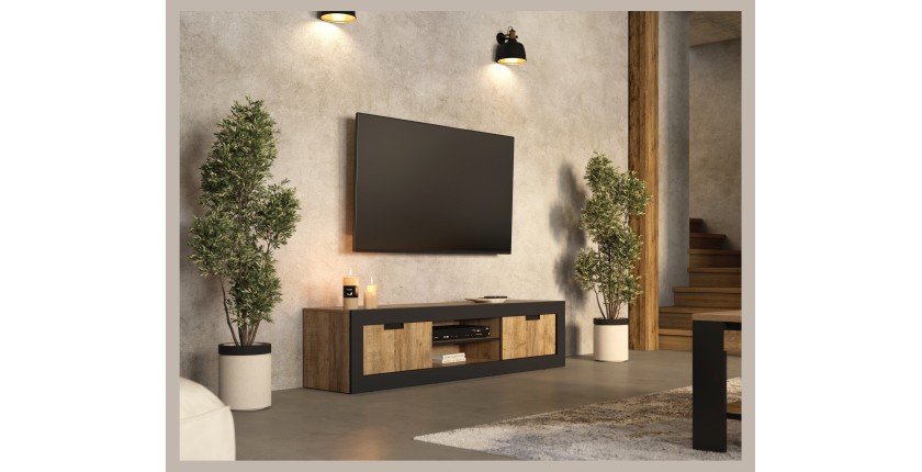Meuble TV MEUNIER – 2 portes & 5 niches – Chêne Samdal & Noir Mat – 180×42×40 cm