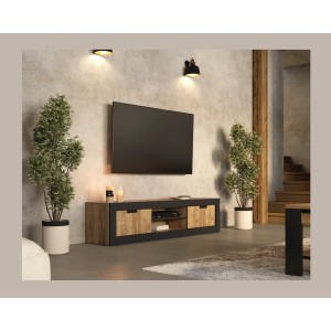 Meuble TV MEUNIER – 2 portes & 5 niches – Chêne Samdal & Noir Mat – 180×42×40 cm