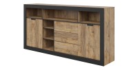 Buffet Haut XL MEUNIER – 2 portes coulissantes, 3 tiroirs & 6 niches – Chêne Samdal & Noir Mat