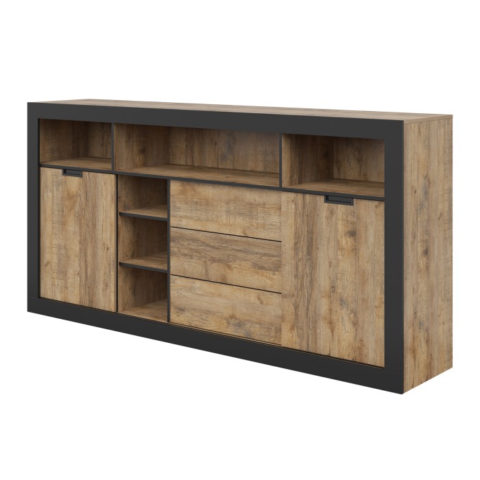 Buffet Haut XL MEUNIER – 2 portes coulissantes, 3 tiroirs & 6 niches – Chêne Samdal & Noir Mat