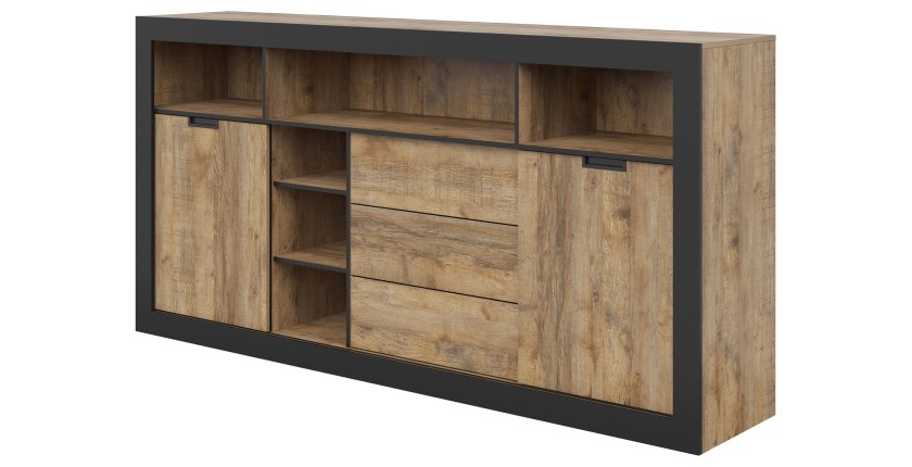 Buffet Haut XL MEUNIER – 2 portes coulissantes, 3 tiroirs & 6 niches – Chêne Samdal & Noir Mat