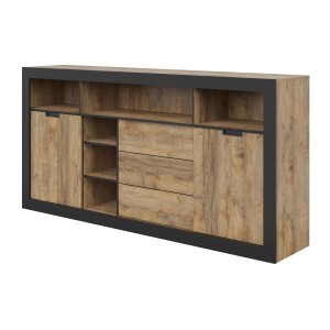 Buffet Haut XL MEUNIER – 2 portes coulissantes, 3 tiroirs & 6 niches – Chêne Samdal & Noir Mat