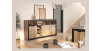 Buffet Haut XL MEUNIER – 2 portes coulissantes, 3 tiroirs & 6 niches – Chêne Samdal & Noir Mat