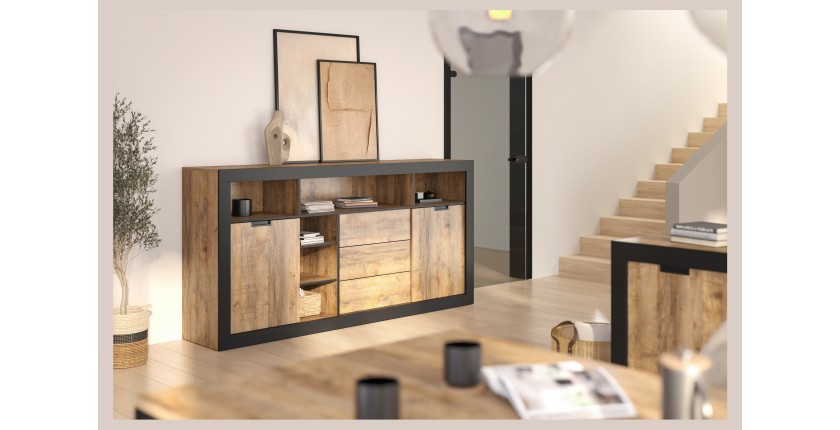 Buffet Haut XL MEUNIER – 2 portes coulissantes, 3 tiroirs & 6 niches – Chêne Samdal & Noir Mat