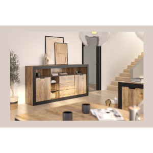 Buffet Haut XL MEUNIER – 2 portes coulissantes, 3 tiroirs & 6 niches – Chêne Samdal & Noir Mat