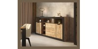 Buffet Haut XL MEUNIER – 2 portes coulissantes, 3 tiroirs & 6 niches – Chêne Samdal & Noir Mat