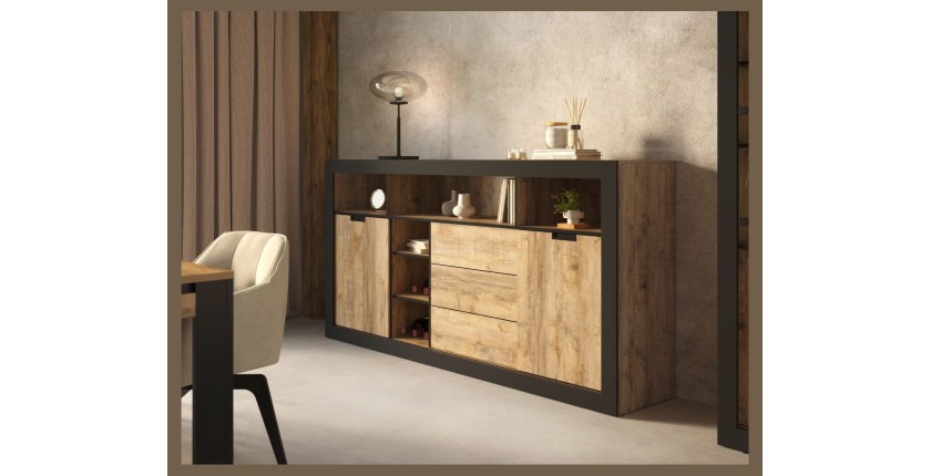Buffet Haut XL MEUNIER – 2 portes coulissantes, 3 tiroirs & 6 niches – Chêne Samdal & Noir Mat