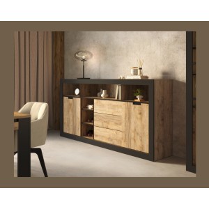 Buffet Haut XL MEUNIER – 2 portes coulissantes, 3 tiroirs & 6 niches – Chêne Samdal & Noir Mat