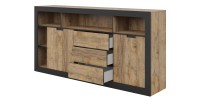 Buffet Haut XL MEUNIER – 2 portes coulissantes, 3 tiroirs & 6 niches – Chêne Samdal & Noir Mat