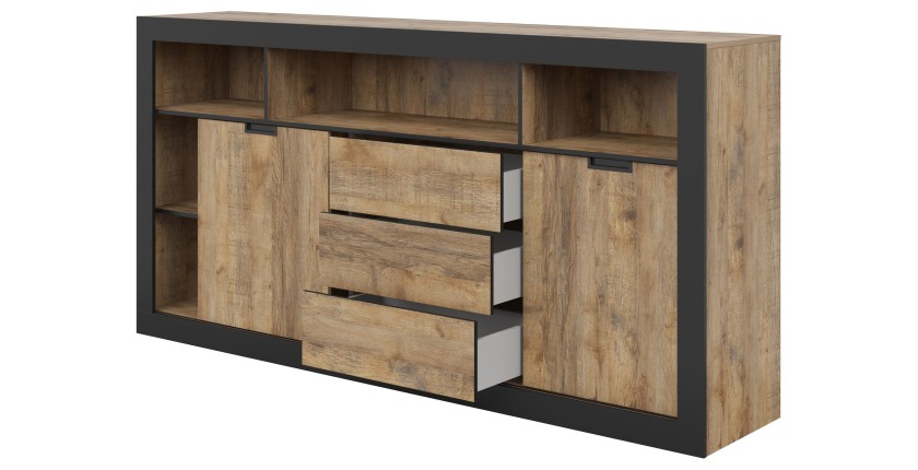 Buffet Haut XL MEUNIER – 2 portes coulissantes, 3 tiroirs & 6 niches – Chêne Samdal & Noir Mat