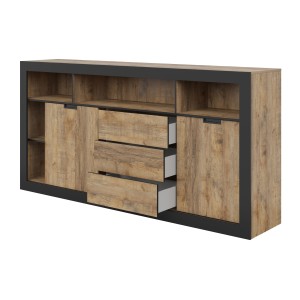 Buffet hoog XL MEUNIER – 2 schuifdeuren, 3 laden &amp; 6 vakken – Eiken Samdal &amp; mat zwart