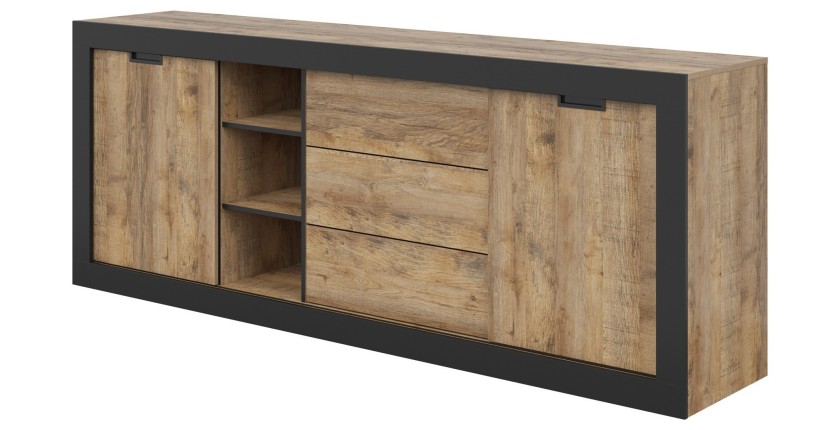 Pack Salon Loft MEUNIER – Meuble TV, buffet & table basse en Chêne Samdal & Noir Mat