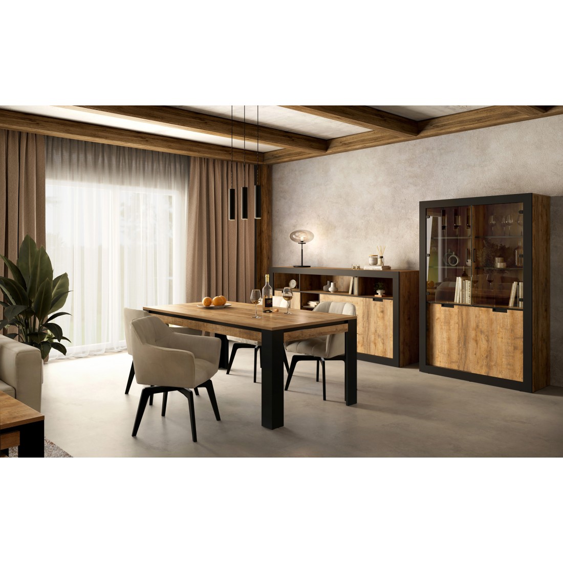 Pack eetkamer MEUNIER – Vitrinekast, hoog buffet & tafel voor 8 pers. Eiken Samdal & mat zwart