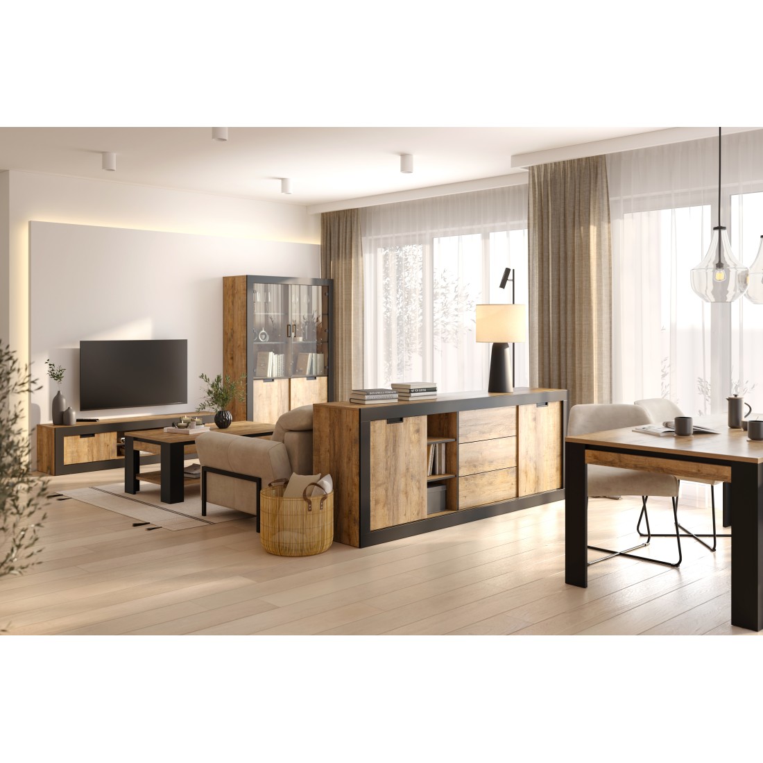 Pack complet salon & salle à manger MEUNIER – 5 Meubles Loft en Chêne Samdal & noir mat