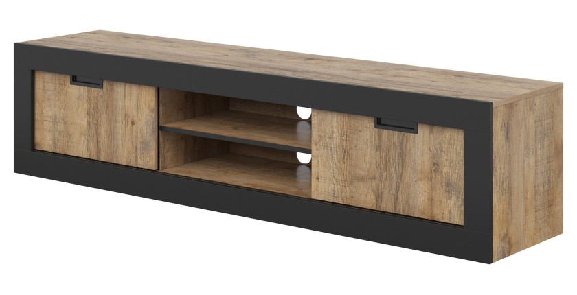 Pack salon complet MEUNIER – Meuble TV, vitrine & table basse en chêne Samdal & noir mat