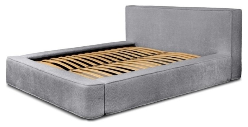 Lit coffre DENALI – Gris perle bouclé – 160x200 cm – Tissu velours doux – Sommier relevable – Rangement intégré 