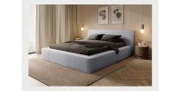 Lit coffre DENALI – Gris perle bouclé – 160x200 cm – Tissu velours doux – Sommier relevable – Rangement intégré