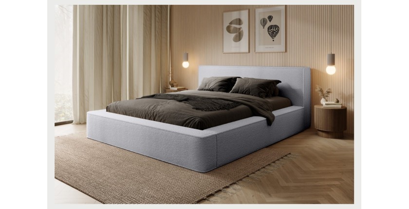 Lit coffre DENALI – Gris perle bouclé – 160x200 cm – Tissu velours doux – Sommier relevable – Rangement intégré