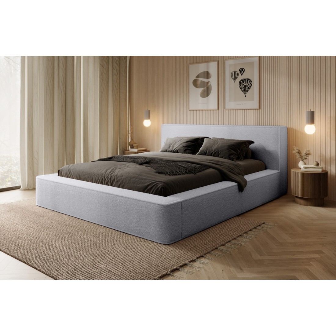 Lit coffre DENALI – Gris perle bouclé – 160x200 cm – Tissu velours doux – Sommier relevable – Rangement intégré