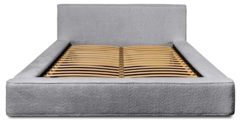 Lit coffre DENALI – Gris perle bouclé – 160x200 cm – Tissu velours doux – Sommier relevable – Rangement intégré 